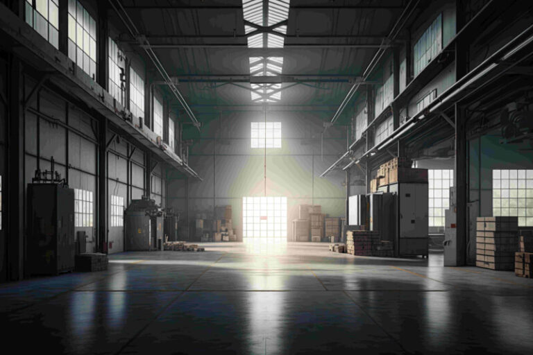 large warehouse with bright light coming through door 1